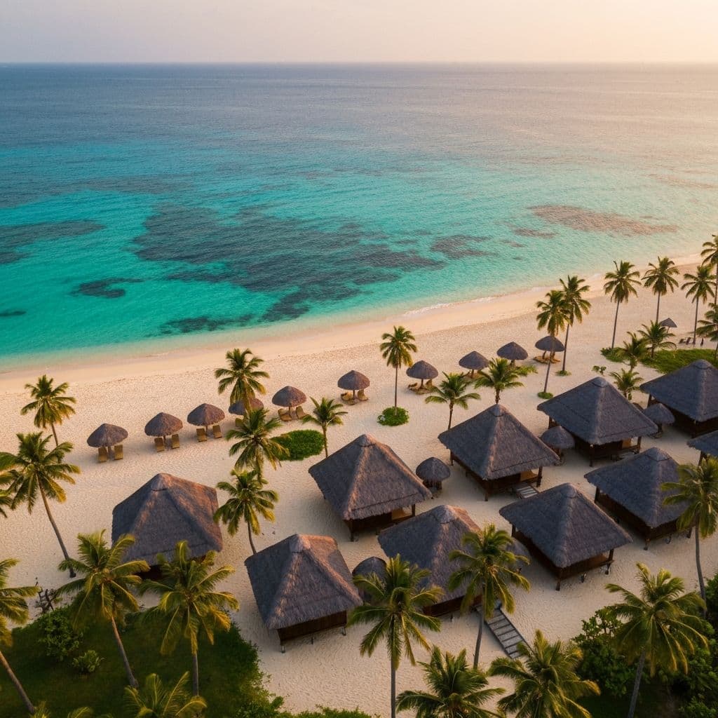 Aerial view of luxury cabana resort on Sri Lankan beach with turquoise ocean